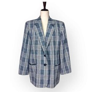 Vintage 90s Worthington Linen Blend Blue Plaid Blazer 14P Preppy Spring Office